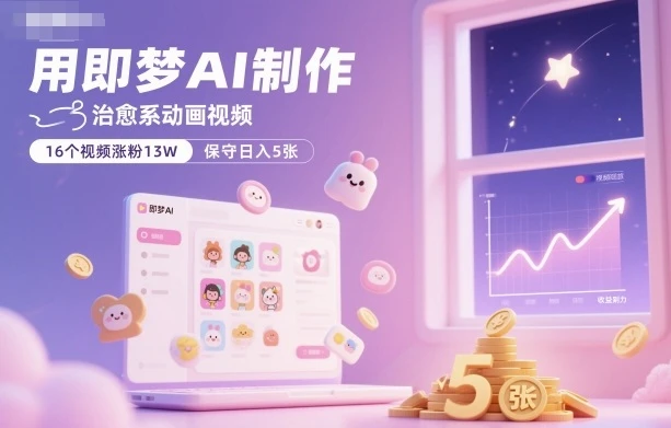 用即梦AI制作治愈系动画视频，16个视频涨粉13W，保守日入5张
