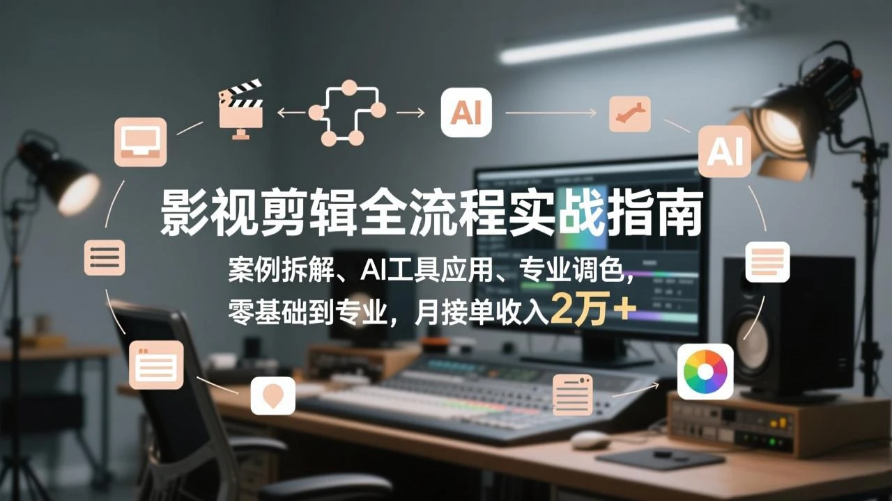【精】影视剪辑全流程实战指南，案例拆解、AI工具应用、专业调色，零基础到专业，月接单收入2万+