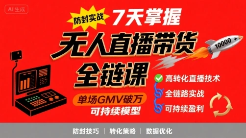 【精】无人直播带货全链防封实战课，7天掌握高转化直播技术，实现单场GMV破万可持续模型