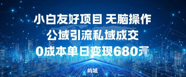 小白友好项目，无脑操作，公域引流私域成交，0成本单日变现680米