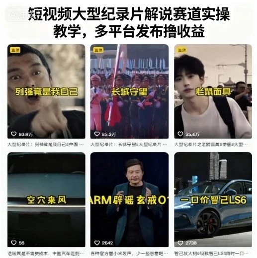 【精】短视频大型纪录片解说赛道实操教学，多平台发布撸收益