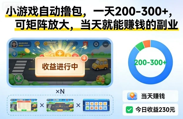 小游戏自动撸包，一天200-300+，可矩阵放大，当天就能賺钱的副业【揭秘】