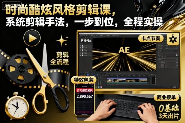 【精】时尚酷炫风格剪辑课，系统剪辑手法，一步到位，全程实操