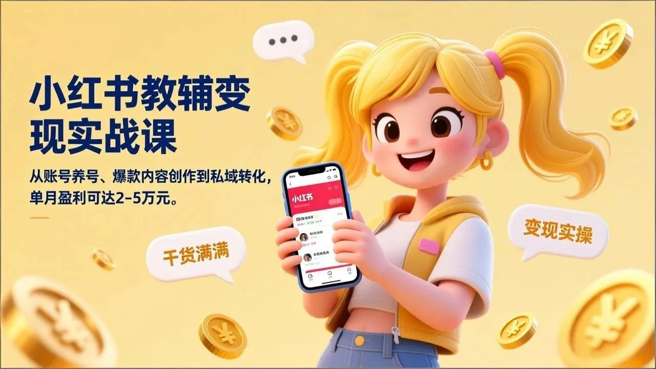 【精】小红书教辅变现实战课，从账号养号、爆款内容创作到私域转化，单月盈利可达2-5万元