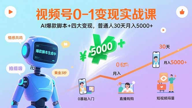 【精】视频号0-1变现实战课：AI爆款脚本+四大变现，普通人30天月入5000+