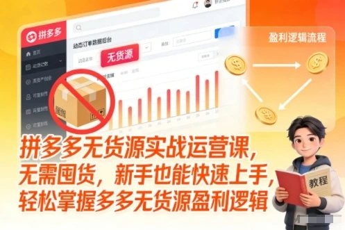 【精】拼多多无货源实战运营课，无需囤货，新手也能快速上手，轻松掌握多多无货源盈利逻辑
